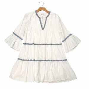 Tommy Bahama Mini Dress Womens Large White Pintucked Textured Embroidered Boho